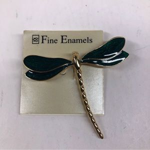 Dragonfly Enamel Brooch Gold Tone & Green New
